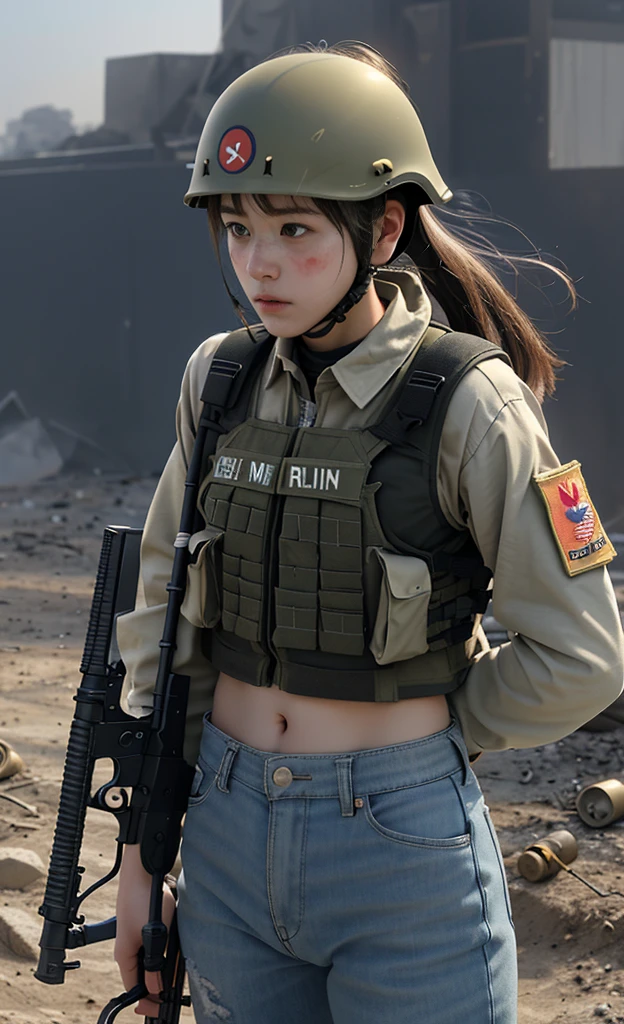 girl in beautiful Japan of Self-Defense Forces fighting on the battlefield, light muscles, world war, modern war theme, Army girl, rifle, (holding a rifle: 1.3), (aiming and holding rifle: 1.3), Female Soldiers, Infantry Girl, Shootout, Air strikes, Air strikes, army, Camouflage, Burning vehicles, warzone, battlefield, war, ruins, explode, Burning City, smokes, ( helmet), Broken vest, belly button, Gloves, torn pants, Face covered in dirt and blood, Sweating of the skin, Bloody Skin, Dirt-stained skin, small, cleveage, Sad and desperate expression, Painful expression, best quality, Ultra-high resolution, absurd, Practical, Physically Based Rendering, Movie Lighting, Complex, cinematic look, Soft Light, Soothing tone, battlefield background, urban war background, photoPractical, Cowboy shooting, Dynamic Angle