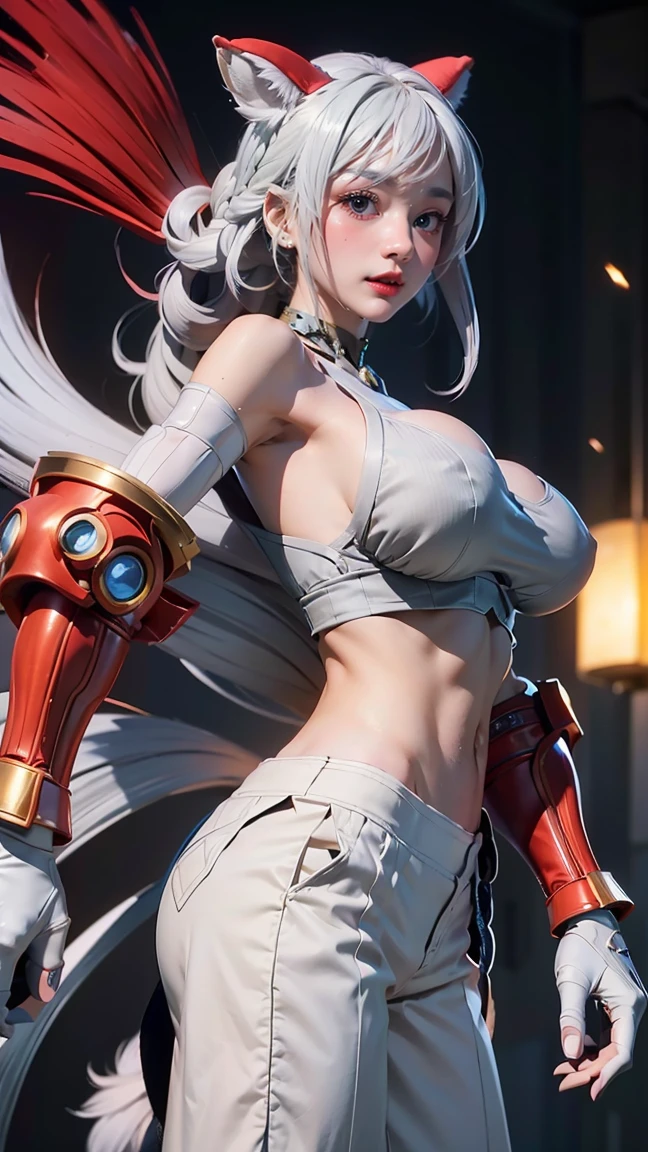 qi_aov_new, 1girl, solo, grey eyes, grey hair, bangs, long hair, hair ornament, breasts, large breasts, looking at viewer, blue eyes, white background, animal ears, bare shoulders, standing, white hair, , pants, black pants, armor, lips, gauntlets, jewelry, braid, toes, anklet, tail, ass, realistic, (masterpiece),((ultra-detailed)), (highly detailed CG illustration),(expressionless), (best quality:1.2)