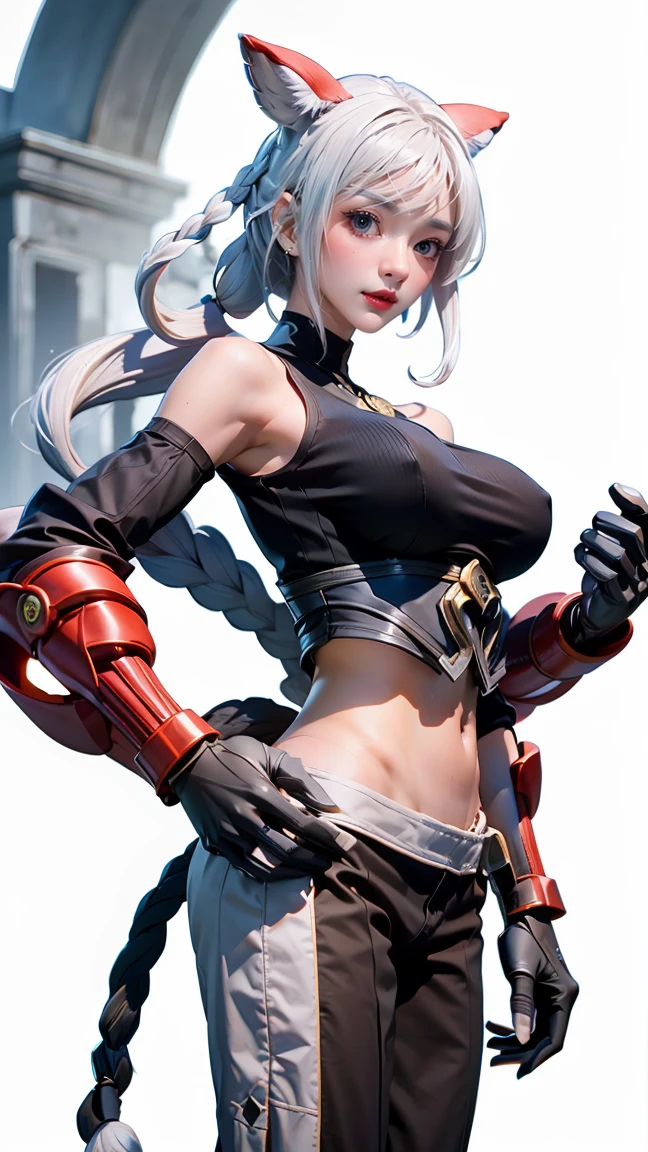 qi_aov_new, 1girl, solo, grey eyes, grey hair, bangs, long hair, hair ornament, breasts, large breasts, looking at viewer, blue eyes, white background, animal ears, bare shoulders, standing, white hair, , pants, black pants, armor, lips, gauntlets, jewelry, braid, toes, anklet, tail, ass, realistic, (masterpiece),((ultra-detailed)), (highly detailed CG illustration),(expressionless), (best quality:1.2)