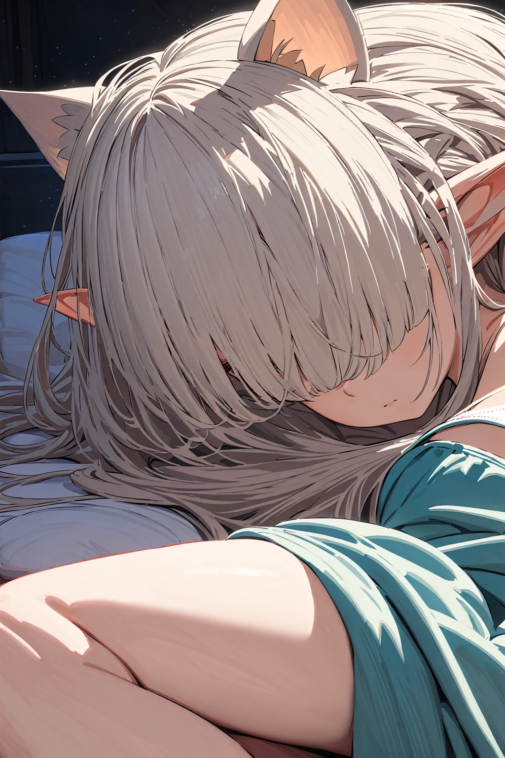 (masterpiece, best quality:1.5), (ultra detailed, high resolution, 8k, beautiful detailed, UHD, best anatomy), white hair, flat breasts, 1 beast ears, barefoot, bedroom, night, Lying on the bed, asleep, Both eyes closed, Pajamas with short sleeves and short pants, Cat girl, head on pillow, sleeping sideways, blanket, side angle, (ears are hidden by her hair:2)