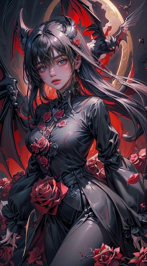 ((4K Workasterpiece、（Highest quality)、((high resolution))、((一人の美しいfallen Angelの男))、fallen Angelの王、The body is slim、((Vampire Black Y-Shirt Fashion))、(Beautiful eyes in every detail)、((Red roses and crows on fantastic black background))、Inside the Devil&#39;s Castle、((Similar to Chaewon from Le Seraphim))、((fallen Angelボブヘア))、(((Light silver hair)))、((Makes your face smaller))、((Neutral face))、((Evil Face))、((Red eyes))、((Korean Man))、((50 years old))、((Wild child))、((Evil look))、((Angry expression))、((Smiling with teeth showing))、((Korean style makeup with black eyeshadow))、((elongated and sharp eyes))、((Shot alone))、((fallen Angel))、fallen Angelの写真、Villain、Dark Proof、((Photographed from diagonally in front))、fallen Angelポーズ