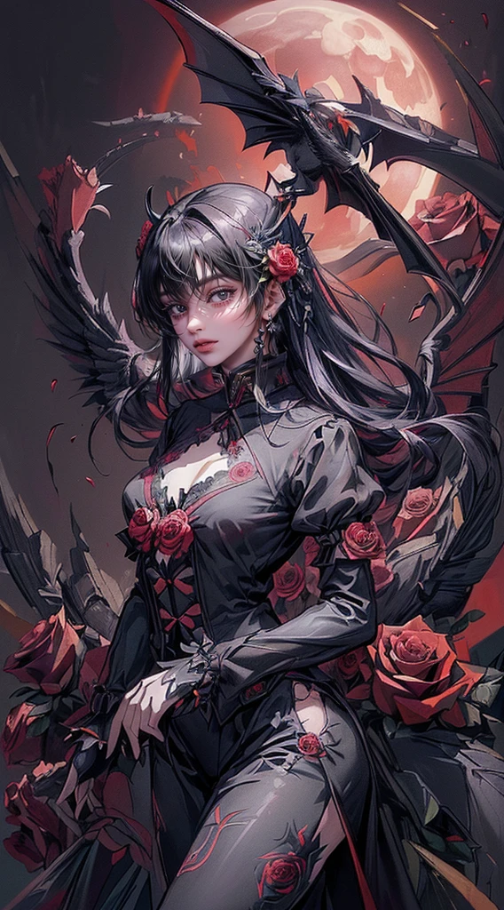 ((4K Workasterpiece、（Highest quality)、((high resolution))、((一人の美しいfallen Angelの男))、fallen Angelの王、The body is slim、((Vampire Black Y-Shirt Fashion))、(Beautiful eyes in every detail)、((Red roses and crows on fantastic black background))、Inside the Devil&#39;s Castle、((Similar to Chaewon from Le Seraphim))、((fallen Angelボブヘア))、(((Light silver hair)))、((Makes your face smaller))、((Neutral face))、((Evil Face))、((Red eyes))、((Korean Man))、((50 years old))、((Wild child))、((Evil look))、((Angry expression))、((Smiling with teeth showing))、((Korean style makeup with black eyeshadow))、((elongated and sharp eyes))、((Shot alone))、((fallen Angel))、fallen Angelの写真、Villain、Dark Proof、((Photographed from diagonally in front))、fallen Angelポーズ