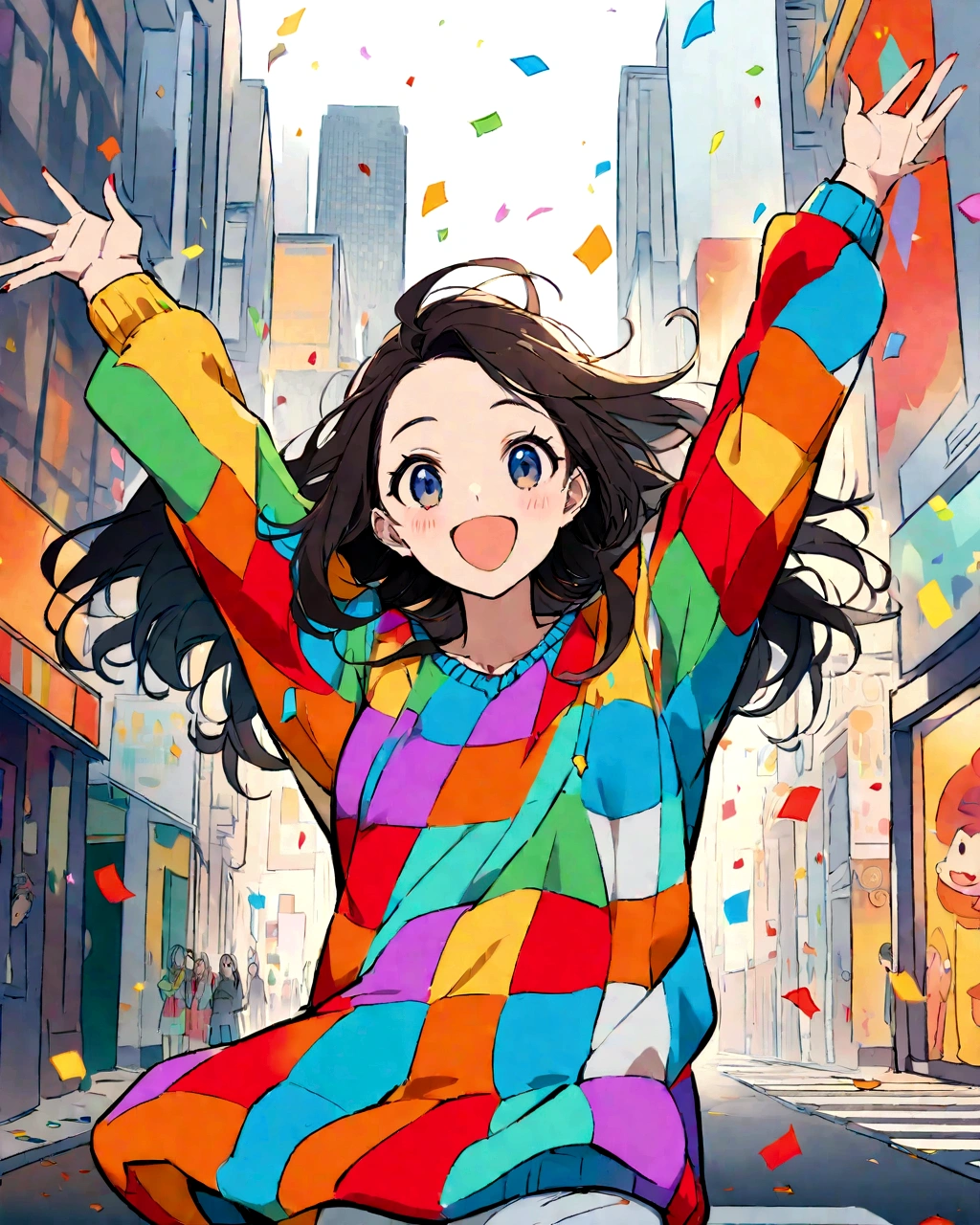 Create a vibrant anime-style illustration of a young woman standing joyously in the middle of a busy urban street. She is wearing a colorful sweater with a mix of cartoon characters and patterns. The sweater has a lively palette of blues, reds, yellows, oranges, and whites. Her long, dark hair flows freely, and she is smiling widely with her arms raised high in celebration. The background features tall buildings in muted gray tones, creating a contrast with her bright sweater. Confetti in various colors is falling around, enhancing the festive and energetic atmosphere. The overall mood is cheerful and lively, with a focus on the colorful elements and the woman's expressive joy