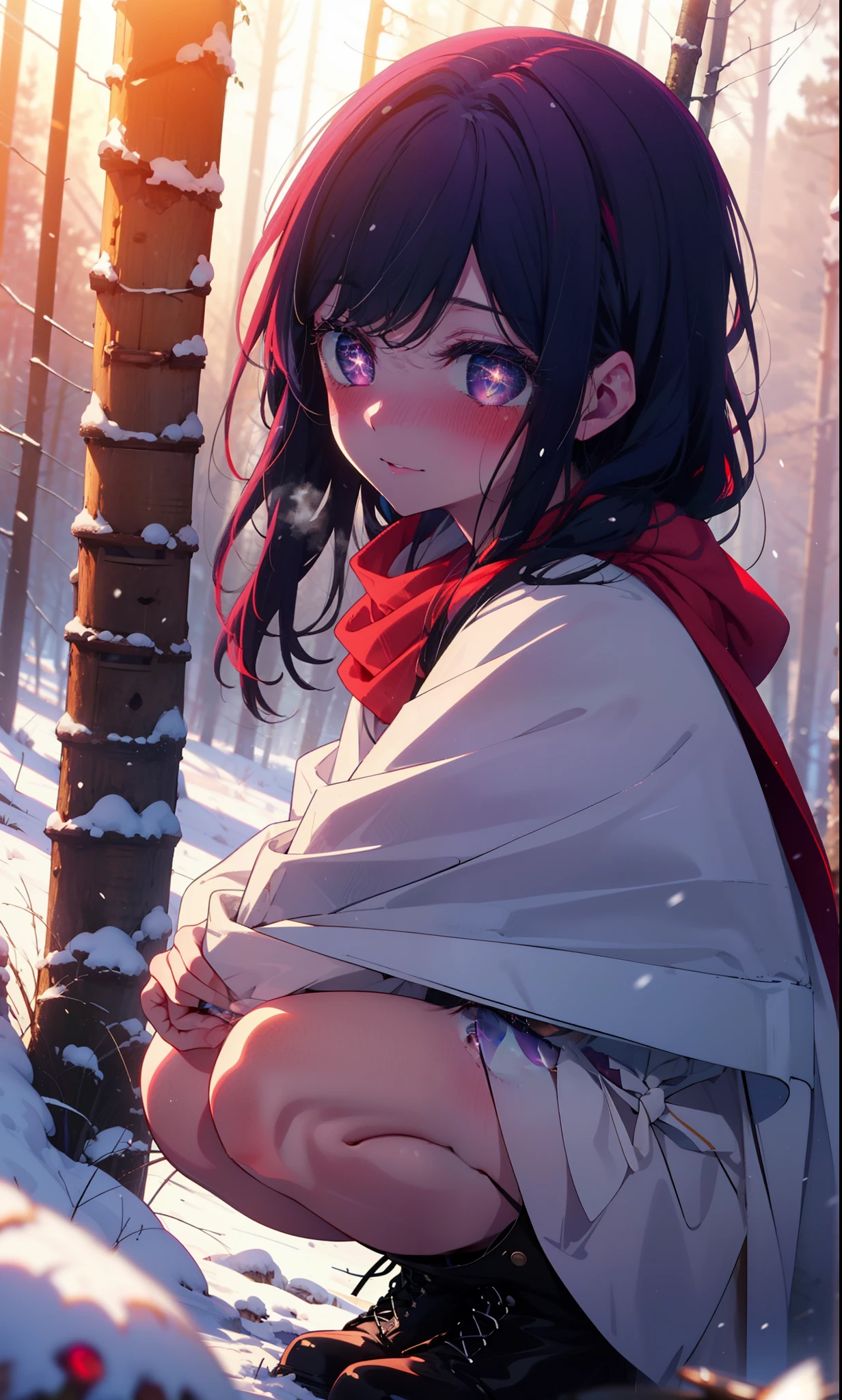 aihoshino, Ai Hoshino, Long Hair, bangs, (Purple eyes:1.1), Purple Hair, (Symbol-shaped pupil:1.5), smile,,smile,blush,White Breath,
Open your mouth,snow,Ground bonfire, Outdoor, boots, snowing, From the side, wood, suitcase, Cape, Blurred, , forest, White handbag, nature, Squat, Mouth closed, Cape, winter, Written boundary depth, Black shoes, red Cape break looking at viewer, Upper Body, whole body, break Outdoor, forest, nature, break (masterpiece:1.2), Highest quality, High resolution, unity 8k wallpaper, (shape:0.8), (Beautiful and beautiful eyes:1.6), Highly detailed face, Perfect lighting, Highly detailed CG, (Perfect hands, Perfect Anatomy),
