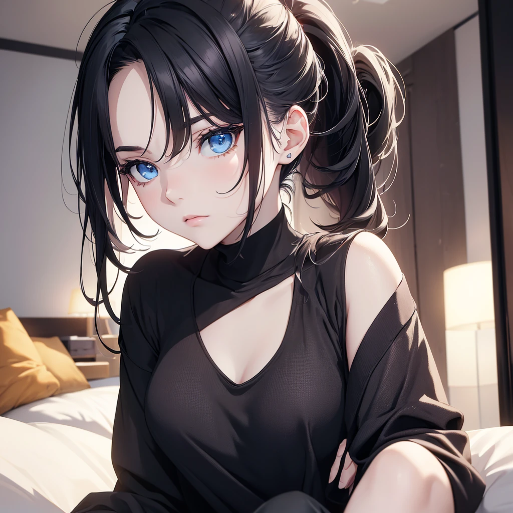 face of a beautiful young woman, short brown bob haircut, big blue eyes, detailed face, full lips, blush cheeks, wearing a long sleeve black t shirt, earrings, gigantic breasts, small shinny nose, dark lighting, zoomed in face, face portrait