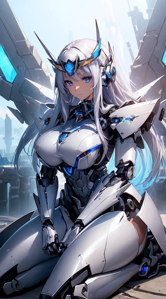 (Sit on one knee on the machine:1.6)、(Full body description:1.3)、((Shining lenses on both breasts:1.3))、((Blue pillars of light are emanating from both chests.:1.3))、smile、((8K)), ((32k)), ((Highest quality)), ((masterpiece)), ((超A high resolution)), ((Tmasterpiece)), ((Halation:1.4))、((Mechaニカルheadgear:1.2))、((Cyber Headphones:1.3))、Fine skin, High quality fabric, Fine metal texture、((Beautiful and dense face))、RAW Photos、Professional, Ultra-fine painting, ((alone)), Beautiful breasts、Highest quality, Very detailed, Very detailed詳細, Finer details, so beautiful, ((Princess Knight Robot:1.2)),  (Joints of machines, Mechanical Limbs:1.3), (The internal structure of the machine is exposed:1.3), (Long silver hair:1.1), (Beautiful and huge mechanical breasts)、White Veil, cowboy_shot, Side Focus, headgear, Shiny、(Five Fingers, Four fingers and thumb),Concept Art, Anime fantasy artwork, Detailed fantasy art, (with pale blue-violet hair and large white wings,,,,,,,), (((Long silver hair))), (Mecha:1.6)、Sleek and intimidating design, ((Commander-in-Chief&#39;arm)), (Perfect robot body)、純白と青紫armまたは, Symmetrical wings, 8K high quality, detailed art, 3D rendering of character art in 8K, neat legs, Defined, Defined fingers,