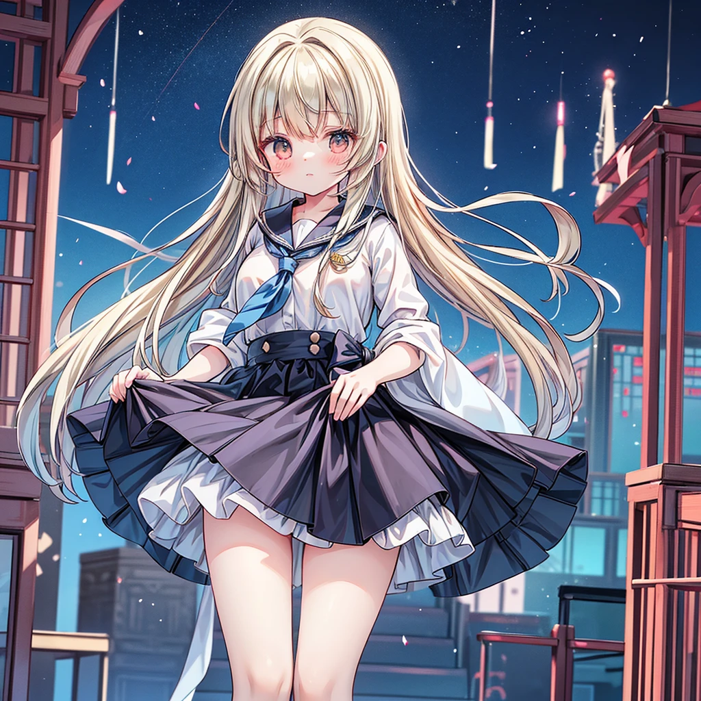 Striking and photorealistic 2.5D moe anime style. Mami, a good-looking and talented high school girl with long, flowing dark blonde hair, stands confidently in front of a modern, magnificent school building reminiscent of a school town. She wears a sailor uniform, the bright colors of the black and white fabric and red sailor tie adding to her allure. Her costume is elegant and traditional, and her feminine mami pose is reminiscent of a traditional , which must be both graceful and alluring. Her hair, tie, and skirt flutter in the wind. Her companion is a tuxedo-clad, first-generation butler, who stands behind her as her caretaker. The background is a futuristic school, bright and surrealistic colors, and other futuristic fantasy elements abound to create a magical school atmosphere. The traditional Japanese beauty and fantasy elements are fused together to create a cool and stylish mami. Enhance the overall quality and detail and provide new patterns for variation. Increase the resolution and quality to the extreme values and challenge yourself to draw deeply and richly in ultra-fine detail.
