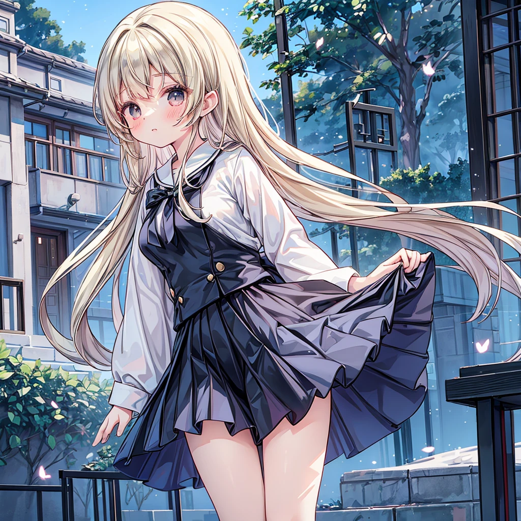 Striking and photorealistic 2.5D moe anime style. Mami, a good-looking and talented high school girl with long, flowing dark blonde hair, stands confidently in front of a modern, magnificent school building reminiscent of a school town. She wears a sailor uniform, the bright colors of the black and white fabric and red sailor tie adding to her allure. Her costume is elegant and traditional, and her feminine mami pose is reminiscent of a traditional , which must be both graceful and alluring. Her hair, tie, and skirt flutter in the wind. Her companion is a tuxedo-clad, first-generation butler, who stands behind her as her caretaker. The background is a futuristic school, bright and surrealistic colors, and other futuristic fantasy elements abound to create a magical school atmosphere. The traditional Japanese beauty and fantasy elements are fused together to create a cool and stylish mami. Enhance the overall quality and detail and provide new patterns for variation. Increase the resolution and quality to the extreme values and challenge yourself to draw deeply and richly in ultra-fine detail.