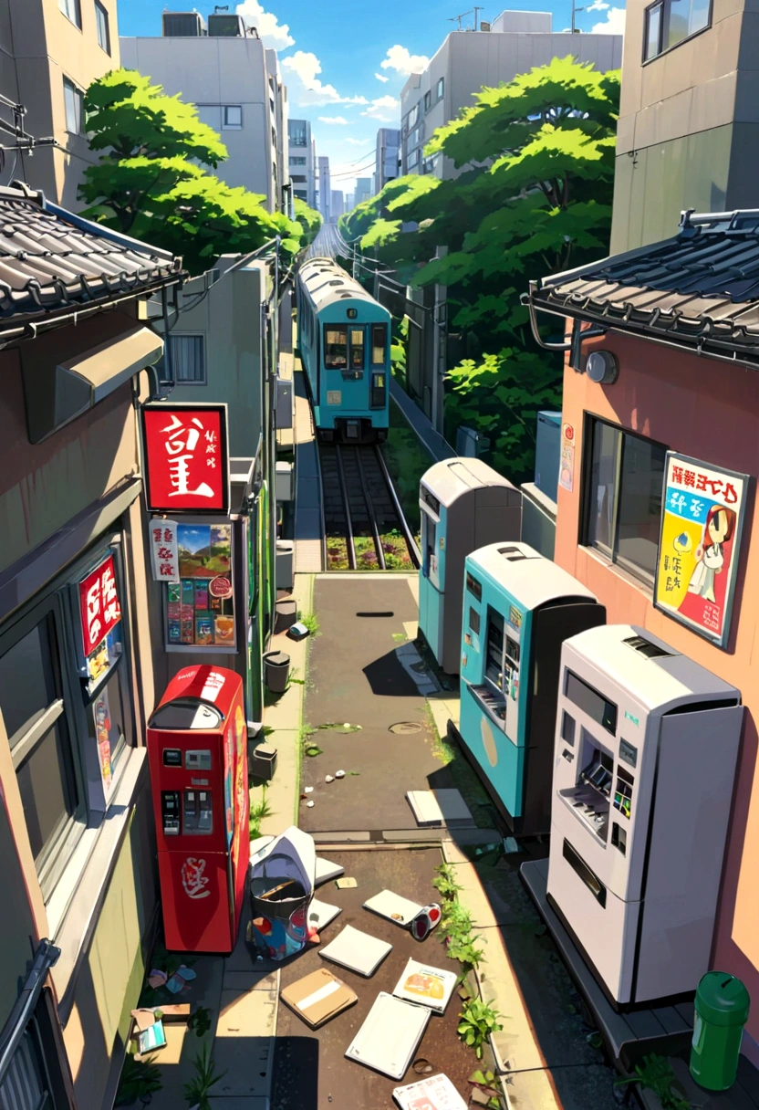 Emotional、Xin Haicheng、Ghibli style、Students seen from a Tokyo apartment window、train、Littering、vending machine、Signs of Summer