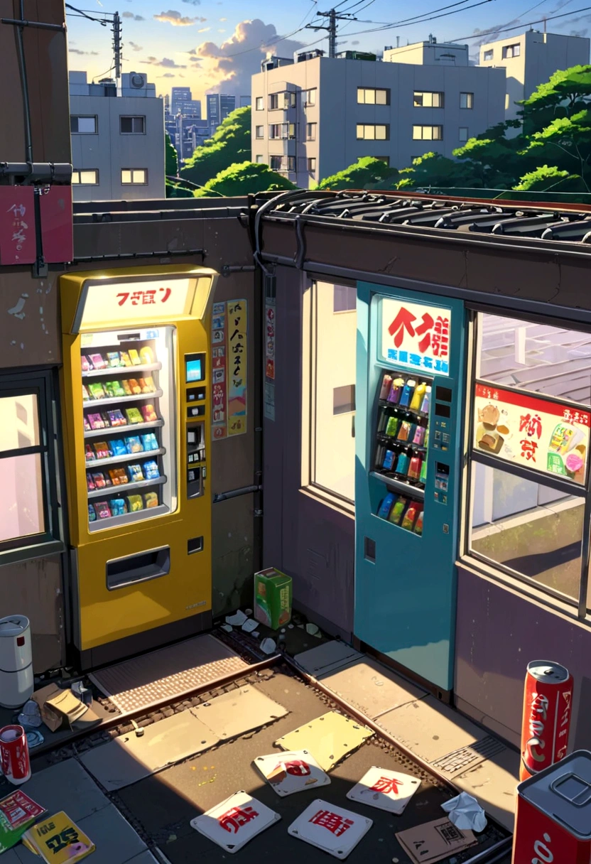 Emotional、Xin Haicheng、Ghibli style、Students seen from a Tokyo apartment window、train、Littering、vending machine、Signs of Summer