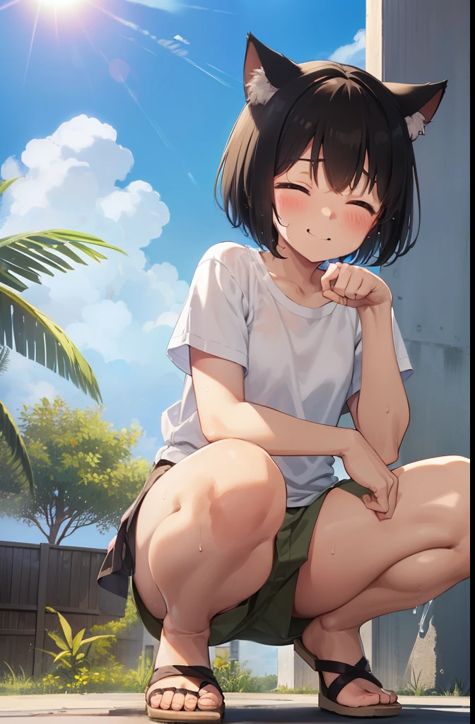 Residential area,smile,Squat,Put your hands behind your back,close your eyes,1. Small ,short hair,Black Hair,blush,White T-shirt,Olive green shorts,Brown Sandals,White skin,summer,From below,shy,Sweat,Open your mouth wide,sun,Wet,PAW Pose,Cat ear