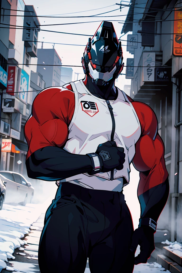 A man in a white tight vest,His tight muscles can be seen from the shape of the vest,Lean forward,Showing off his strong physique,Wear loose shorts,Asian face shape,Chainsaw in hand,Side Light,Run-down neighborhood,Wearing a round white helmet,There is a smiley face on the helmet with a single tentacle