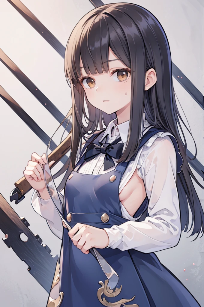 ((masterpiece, Highest quality)), (One girl), (alone), (Focus on women), night (Chainsaw Man),(Highly detailed face, The real picture, Realistic white skin, Realistic body, Intricate details), Upper Body, Severe , Brown eyes, Looking at the audience, bandage over the body, Black Hair, Long sleeve shirt, Pinafore dress, Black tie, bandage, bandage, Small breasts((Toddler girl))　((5 ))((naked))　((nsfw)