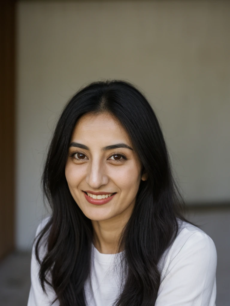 Tzu, black hair, Palestinian woman, ((30-year-old)), (Palestinian skin), (Palestinian eyes), (Palestinian nose), (Palestinian lips), (Palestinian standard face), ordinary Palestinian woman, smiling, hair bobbles, deep eyes, consistent image, ((upper body and upper legs)), nude wide shot, (((leaning))), full nudity, indoor