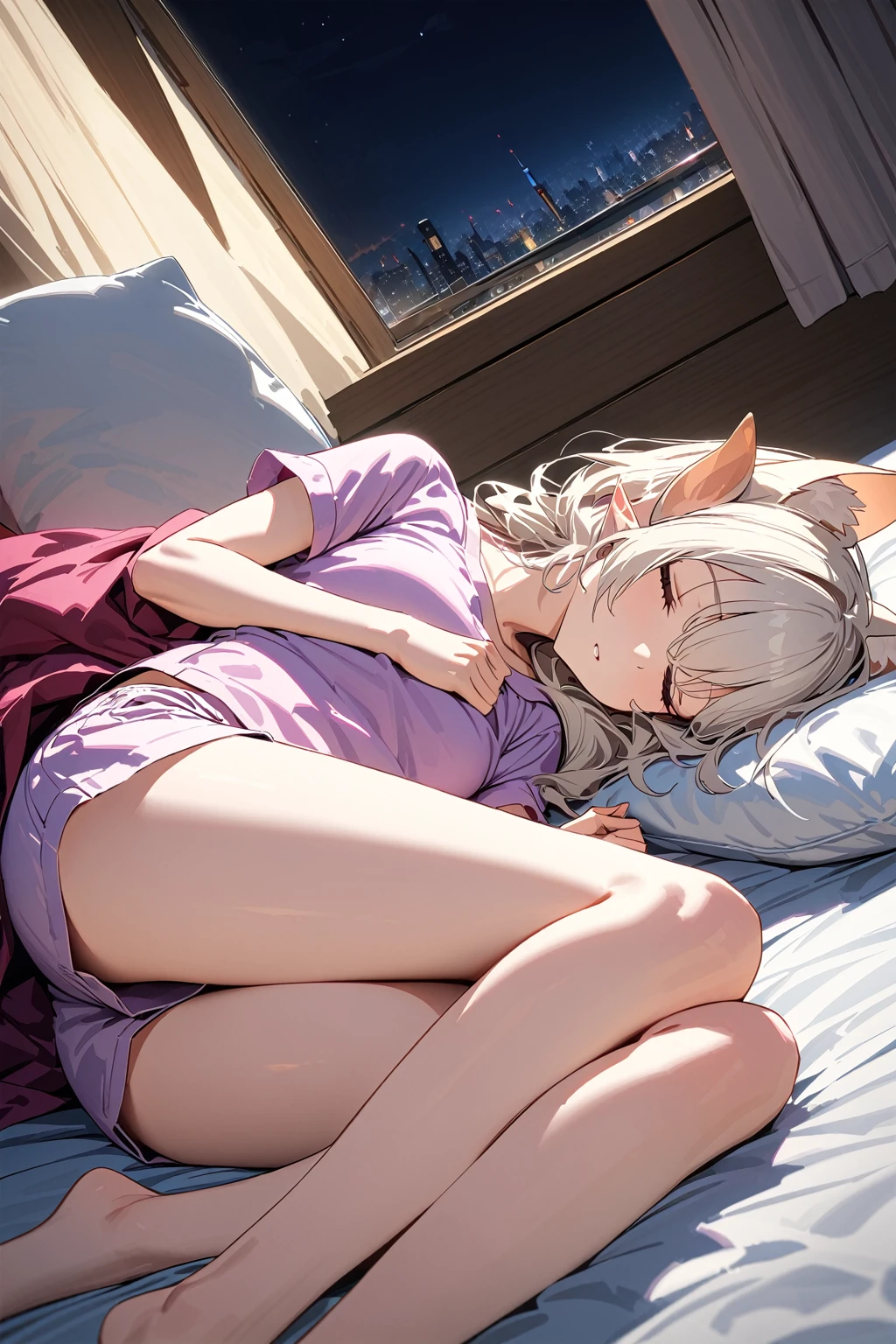 (masterpiece, best quality:1.5), (ultra detailed, high resolution, 8k, beautiful detailed, UHD, best anatomy), white hair, flat breasts, 1 beast ears, barefoot, bedroom, night, Lying on the bed, asleep, Both eyes closed, Pajamas with short sleeves and short pants, Cat girl, head on pillow, sleeping sideways, blanket, side angle, (ears are hidden by her hair:2)