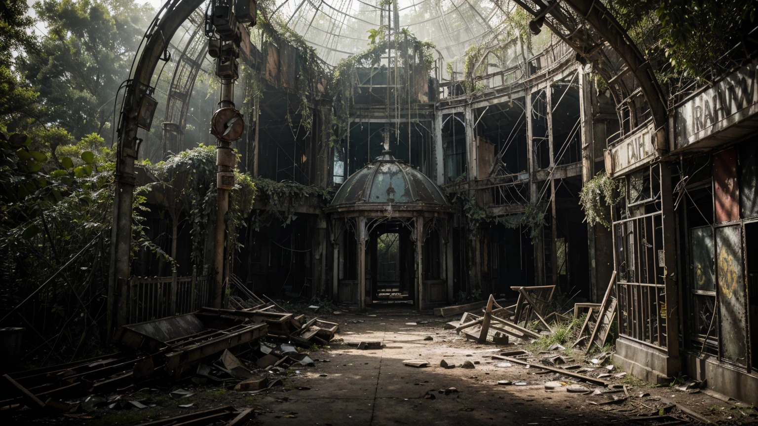 Deserted amusement park overrun by nature, post-apocalyptic ambiance, ultra realistic, photorealistic, highly detailed, cinematic lighting, muted colors, atmospheric background, decaying rides and attractions, detailed overgrowth of vegetation, realistic textures, dramatic shadows, lifelike expressions, empty walkways, rusted roller coasters, broken ferris wheel, remnants of old signs, volumetric light effects through overcast skies, dynamic composition, eerie yet serene scene, intricate plant details, immersive environment, nuanced lighting, weathered and abandoned elements, high resolution, focus on overgrown amusement park details, scattered debris, wildlife reclaiming the space, makeshift shelters, contrast between nature and decay