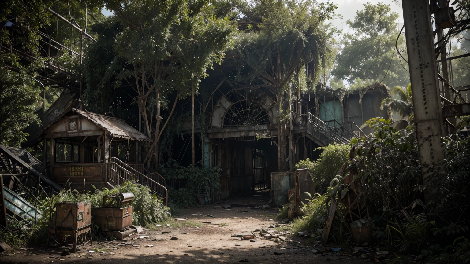 Deserted amusement park overrun by nature, post-apocalyptic ambiance, ultra realistic, photorealistic, highly detailed, cinematic lighting, muted colors, atmospheric background, decaying rides and attractions, detailed overgrowth of vegetation, realistic textures, dramatic shadows, lifelike expressions, empty walkways, rusted roller coasters, broken ferris wheel, remnants of old signs, volumetric light effects through overcast skies, dynamic composition, eerie yet serene scene, intricate plant details, immersive environment, nuanced lighting, weathered and abandoned elements, high resolution, focus on overgrown amusement park details, scattered debris, wildlife reclaiming the space, makeshift shelters, contrast between nature and decay