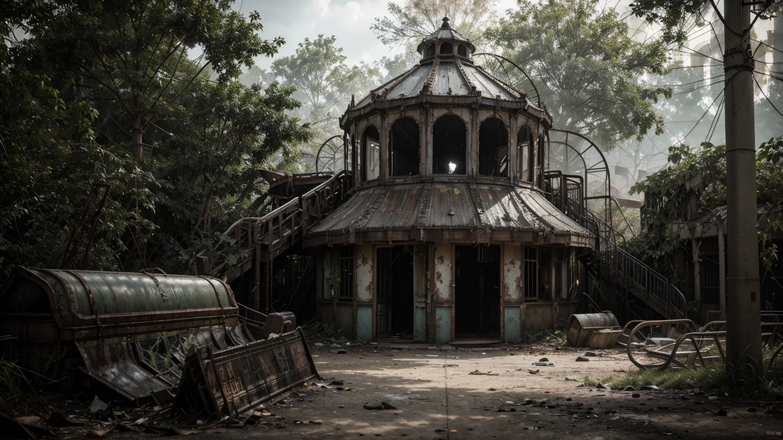 Deserted amusement park overrun by nature, post-apocalyptic ambiance, ultra realistic, photorealistic, highly detailed, cinematic lighting, muted colors, atmospheric background, decaying rides and attractions, detailed overgrowth of vegetation, realistic textures, dramatic shadows, lifelike expressions, empty walkways, rusted roller coasters, broken ferris wheel, remnants of old signs, volumetric light effects through overcast skies, dynamic composition, eerie yet serene scene, intricate plant details, immersive environment, nuanced lighting, weathered and abandoned elements, high resolution, focus on overgrown amusement park details, scattered debris, wildlife reclaiming the space, makeshift shelters, contrast between nature and decay