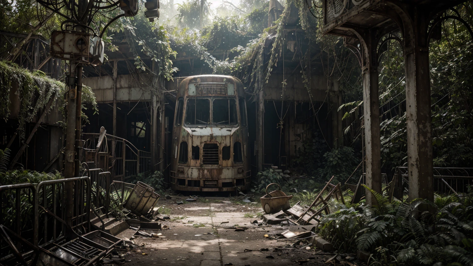 Deserted amusement park overrun by nature, post-apocalyptic ambiance, ultra realistic, photorealistic, highly detailed, cinematic lighting, muted colors, atmospheric background, decaying rides and attractions, detailed overgrowth of vegetation, realistic textures, dramatic shadows, lifelike expressions, empty walkways, rusted roller coasters, broken ferris wheel, remnants of old signs, volumetric light effects through overcast skies, dynamic composition, eerie yet serene scene, intricate plant details, immersive environment, nuanced lighting, weathered and abandoned elements, high resolution, focus on overgrown amusement park details, scattered debris, wildlife reclaiming the space, makeshift shelters, contrast between nature and decay