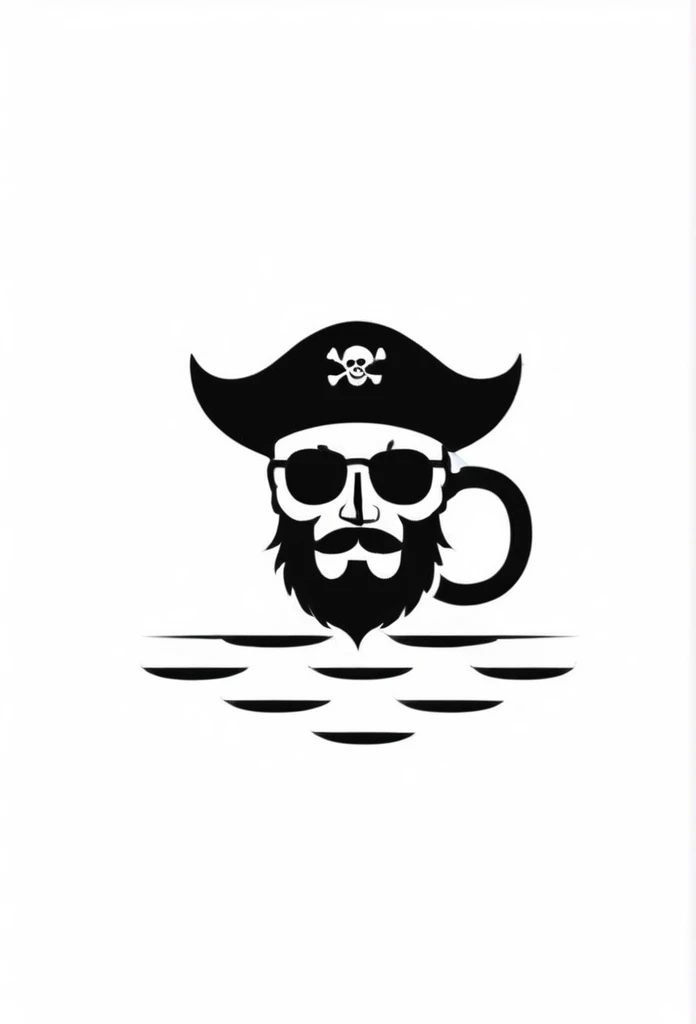 A stylish pirate-themed cafe logo. The drink in the mug at the cafe has pirate-themed floating objects such as a floating raft. A very cool, chic, and modern design. The background is white.