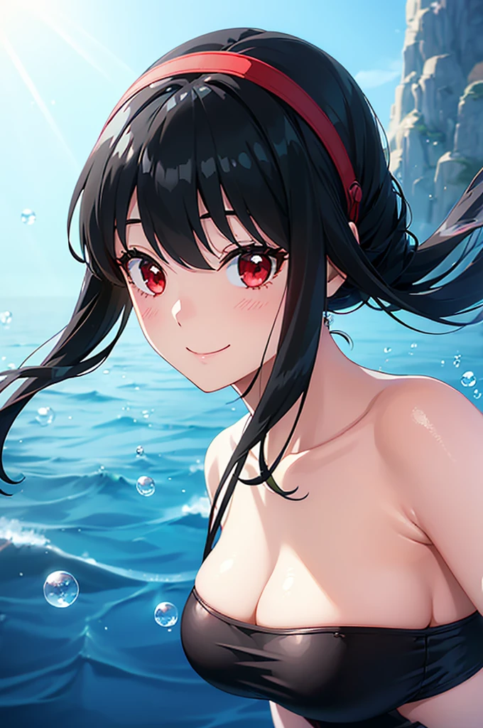 ((best quality)), (ultra-detailed), ((extremely detailed)), (beautiful), ((kawaii girl)), (black:1.3) hair, red (colored inner hair:1.2), long hair, straight hair, swept bangs, asymmetrical bangs, hair intakes, ahoge, kind smile, red eyes, medium large breasts, BREAK, 比基尼, beautiful scenery, underwater, water drop, dynamic lighting, light particle, sunlight, shadow, (air bubble:1.2), reflection, extremely detailed CG unity 8k wallpaper,White hair band、Red eyes、Black Hair、Yor Briar、smile、Bubble、Floating、るBubble、dive、One girl、Swimwear、undersea、diving、dynamic、Blow a kiss to the camera