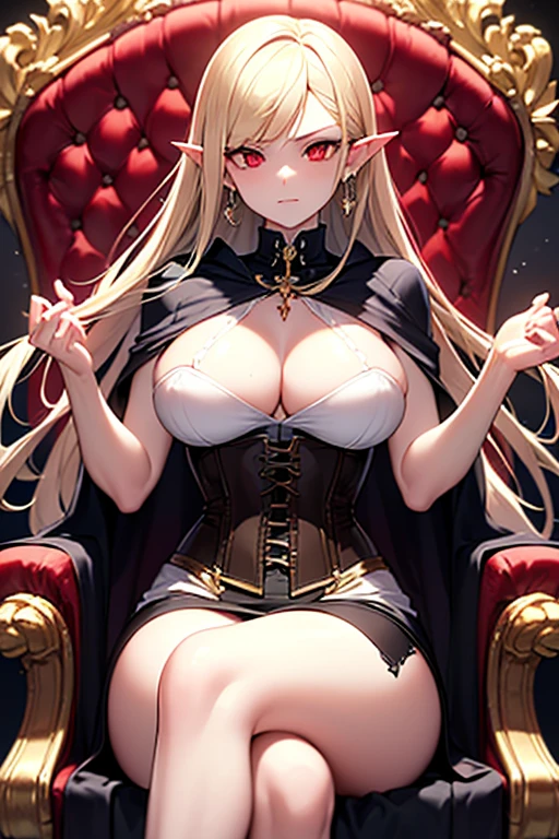 masterpiece, extra limbs, 1vampire lady, 250 years old,(light gold extra long hair), slant blank ruby red eyes, big breasts, muscle,(pale white finely detailed skin), (serious),(((clothed:1.5 corset dress))),hair ornaments,earrings,cape,evil sword,crossed legs,sitting on throne,old castle,midnight