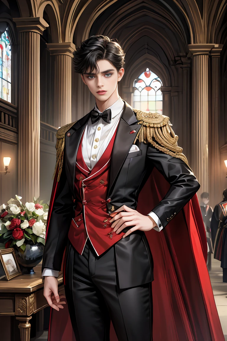 masterpiece, 最high quality, high quality, 1 boy, alone, Male focus, Watching the audience, Messy black hair, Adorable big blue eyes, White people, Noble, Noble,Sexy voluminous black and red cape、Tuxedo、A very voluminous, large, very large, very large, long, long red and black cape with a high stand-up collar, made of a lot of fabric that reaches down to the floor., 17 years old,Cute beautiful boys,Cute, cute, kind, handsome guy