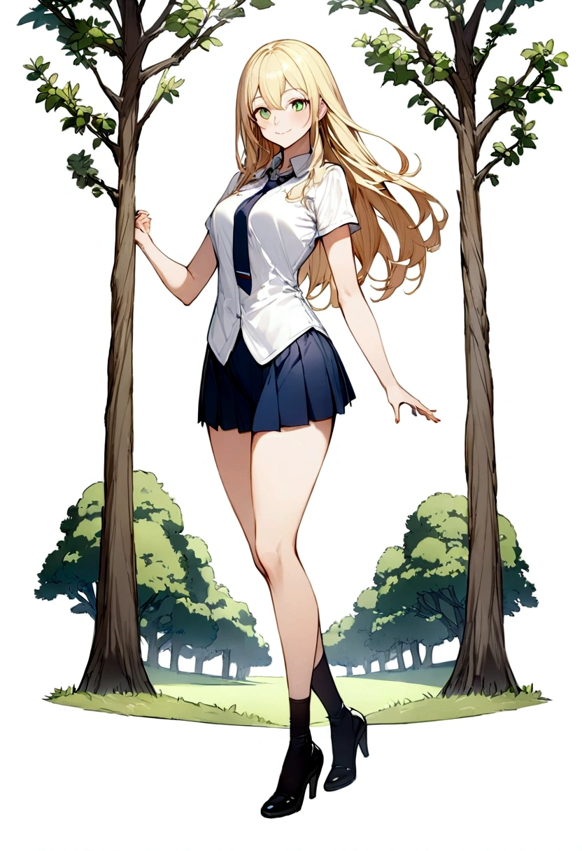 Blonde、long hair、upright stance、full body、Fighter、Belly out、American、Short skirt、shirt、tie、front、Short sleeve、woman、Tree Eyes、White background、Simple Background、smile、tall、Honeyhair、Belly out