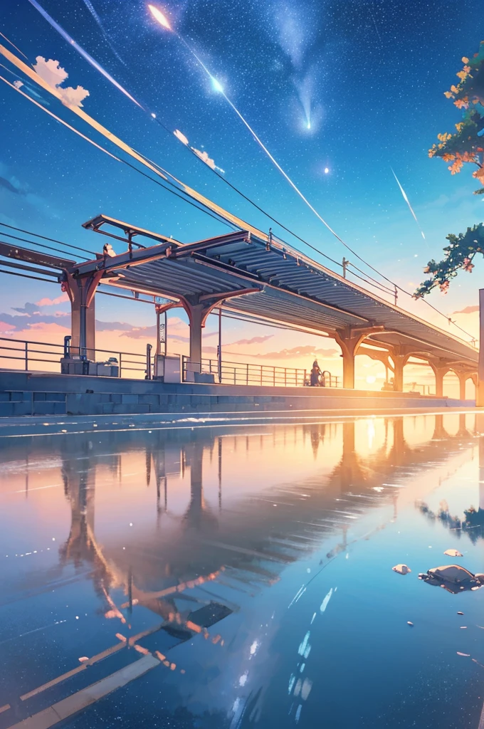 masterpiece, Animated train passing through water on the tracks, Bright starry sky. Romantic Train, Photo by Makoto Shinkai, Pixiv, Concept Art, Lofi Art style, reflection. by Makoto Shinkai, Lofi Art, Beautiful anime scene, Anime scenery, Detailed Landscape — Width 672, in Makoto Shinkai&#39;s Style, Makoto Shinkai&#39;s Style, Enhanced Details.((Toddler girl))　((5 years old))((naked))　((nsfw)