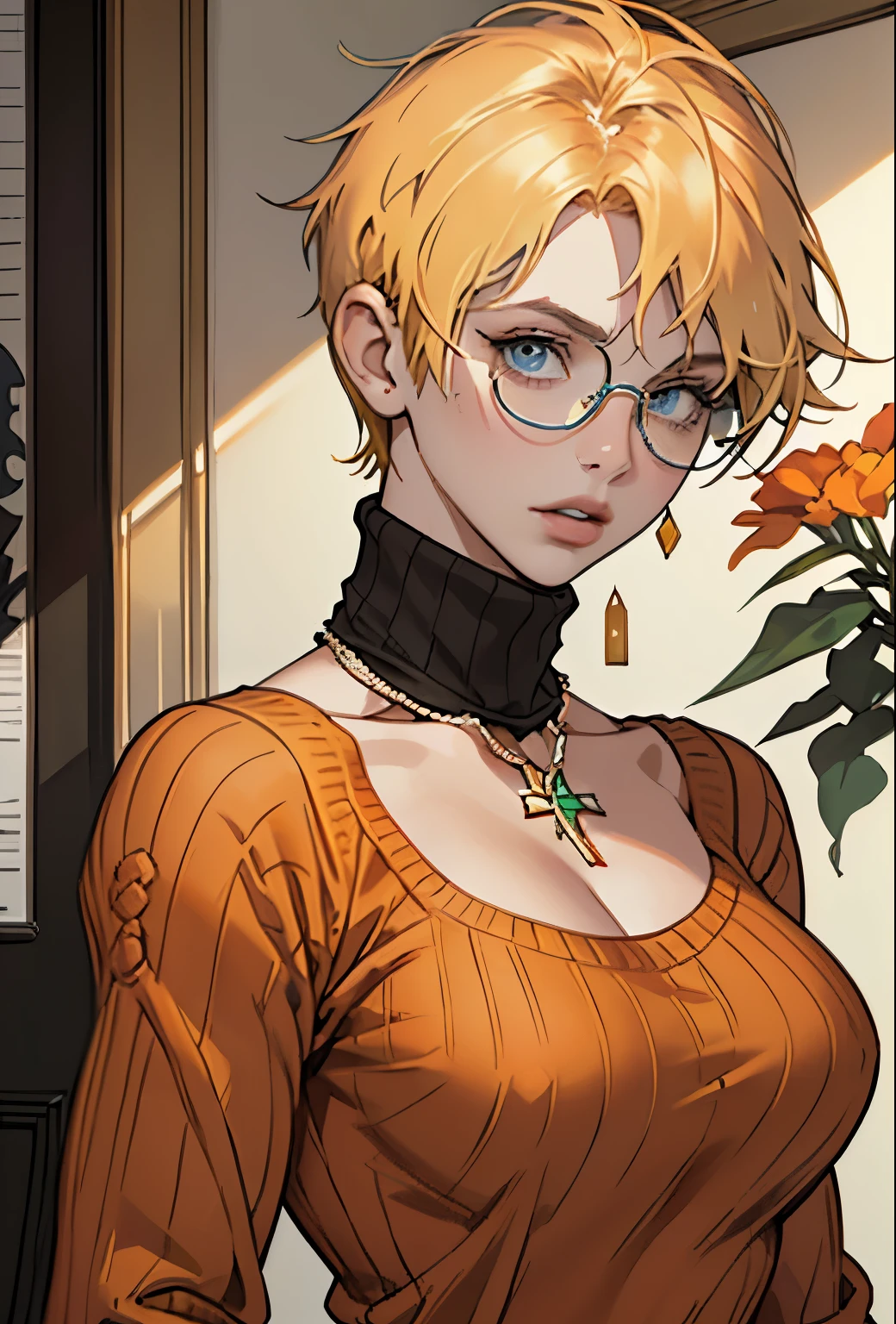 (masterpiece, Highest quality) One girl, Ashley Graham RE, alone, chest, View your viewers, short hair, blue eyes, shirt, Bare shoulders, jewelry, medium chest, Green Eyes, Upper Body, Blonde, parted lips, No sleeve, necklace, sweater, lips, turtleneck, Bobcut, ribbed sweater, Realistic, nose, No sleeve turtleneck, orange shirt, orange sweater,Put glasses on your head,