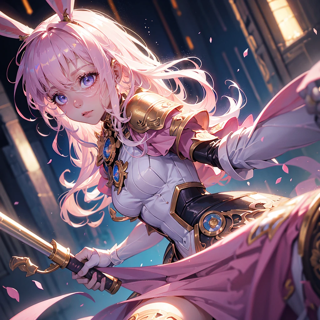 (Detailed illustrations,Extremely detailed and detailed drawing,Delicate lines with slow and fast movements,Realistic texture expression),[color tress main line],(Fantasy World Battlefield [Burning Castle]),(Girl Robot 13 years old (Pink Rabbit [metal face])) [Weapon Machine],(([petal] Metal Dress [Frills]) [Floral] [Clear pink translucent armor covering the body surface]) [ribbon]) [Glowing energy tubes at joints],[Use a sledgehammer as a weapon],[[Mobile Weapon Gigant Size][Science Fiction Machine]],(- Metallic luster of metal),(Intricate and beautiful decoration [Intricate details]),(Precisely drawn face)[Perfect eye detail(Beautifully detailed iris)[Jewel-like eyes]],[Long and beautiful eyelashes],[carefully drawn hair [About beautiful and shiny hair]],(Perfect hand detail [Beautiful fingers without breakdowns [Beautiful nails]]),(Perfect Anatomy(Perfect balance))[[Like the whole body]],[Ideal color coordination(Accurate simulation of light-matter interactions)],[Storytelling visual art].