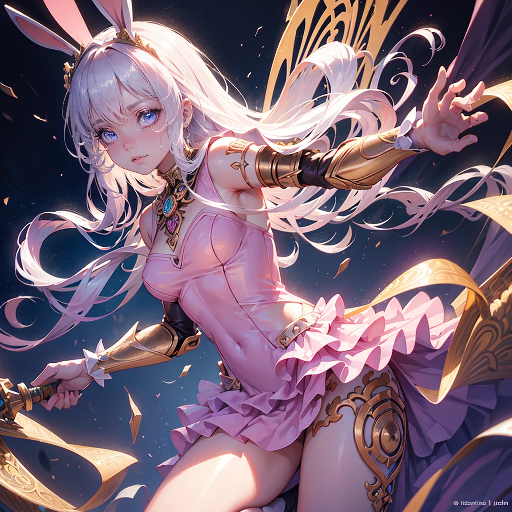 (Detailed illustrations,Extremely detailed and detailed drawing,Delicate lines with slow and fast movements,Realistic texture expression),[color tress main line],(Fantasy World Battlefield [Burning Castle]),(Girl Robot  (Pink Rabbit [metal face])) [Weapon Machine],(([petal] Metal Dress [Frills]) [Floral] [Clear pink translucent armor covering the body surface]) [ribbon]) [Glowing energy tubes at joints],[Use a sledgehammer as a weapon],[[Mobile Weapon Gigant Size][Science Fiction Machine]],(- Metallic luster of metal),(Intricate and beautiful decoration [Intricate details]),(Precisely drawn face)[Perfect eye detail(Beautifully detailed iris)[Jewel-like eyes]],[Long and beautiful eyelashes],[carefully drawn hair [About beautiful and shiny hair]],(Perfect hand detail [Beautiful fingers without breakdowns [Beautiful nails]]),(Perfect Anatomy(Perfect balance))[[Like the whole body]],[Ideal color coordination(Accurate simulation of light-matter interactions)],[Storytelling visual art].