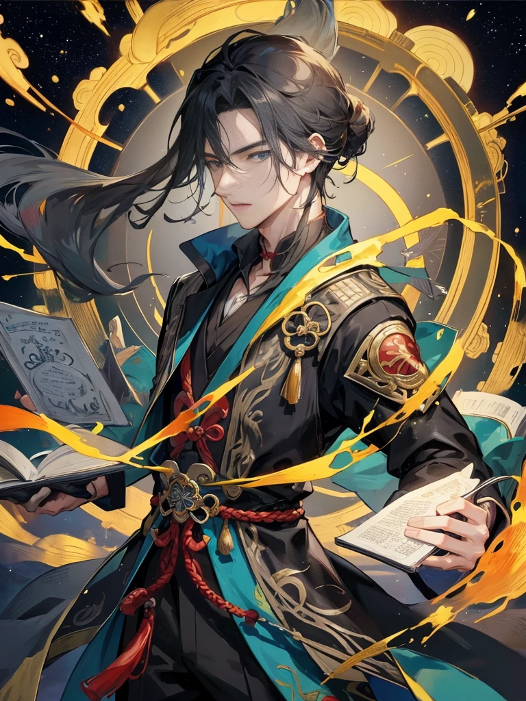 ((Official Art,masterpiece)):0.9,Clear focus,((1 man))(1 man),Chinese style,There are patterns on the clothes,Oriental Fantasy,1 boy holding a book in his hand, Black long hair,Black suit,solo,(night,Starry Sky,Meteor Showers,Galaxy:1.2)Long gray hair, Blue eyes,Chinese Folk Tales,swordsman