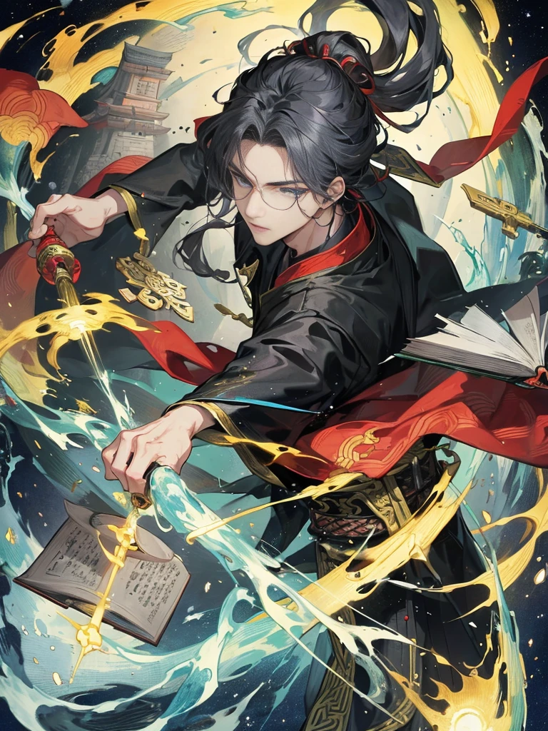 ((Official Art，masterpiece)):0.9，Clear focus，（（1 man））（1 man），Chinese style，There are patterns on the clothes，Oriental Fantasy，1 boy holding a book in his hand, Black long hair，Black suit，solo，（night,Starry Sky，Meteor Showers，Galaxy：1.2）Long gray hair, Blue eyes,Chinese Folk Tales，swordsman