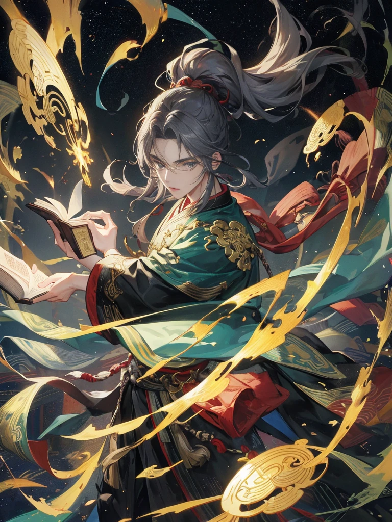 ((Official Art,masterpiece)):0.9,Clear focus,((1 man))(1 man),Chinese style,There are patterns on the clothes,Oriental Fantasy,1 boy holding a book in his hand, Black long hair,Black suit,solo,(night,Starry Sky,Meteor Showers,Galaxy:1.2)Long gray hair, Blue eyes,Chinese Folk Tales,swordsman
