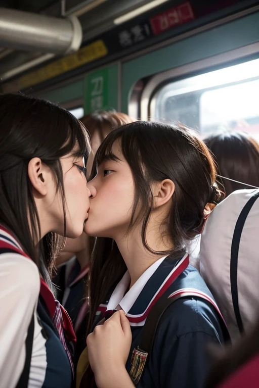 two schoolgirls crushed each other, angry look, stare, face to face, symmetrical, kiss, close contact on crowded train, pressed girls, two girls can't move in the crowd, crowded train full of girls, reluctantly kiss