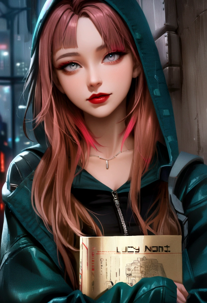 Lucy \(cyber punk\), One girl, Hair Scrunchie, Hime cut, Silver Hair, Colored hints, full moon, Grey Eyes, Jacket, Long sleeve, View your viewers, Medium Hair, Multicolored Hair, Parted bangs, Part your lips, Pink Hair, Portraiture, Red eyeliner, Red lips, alone, white Jacket, cyber punk \(series\), rainy night in a cyber punk city with glowing neon lights