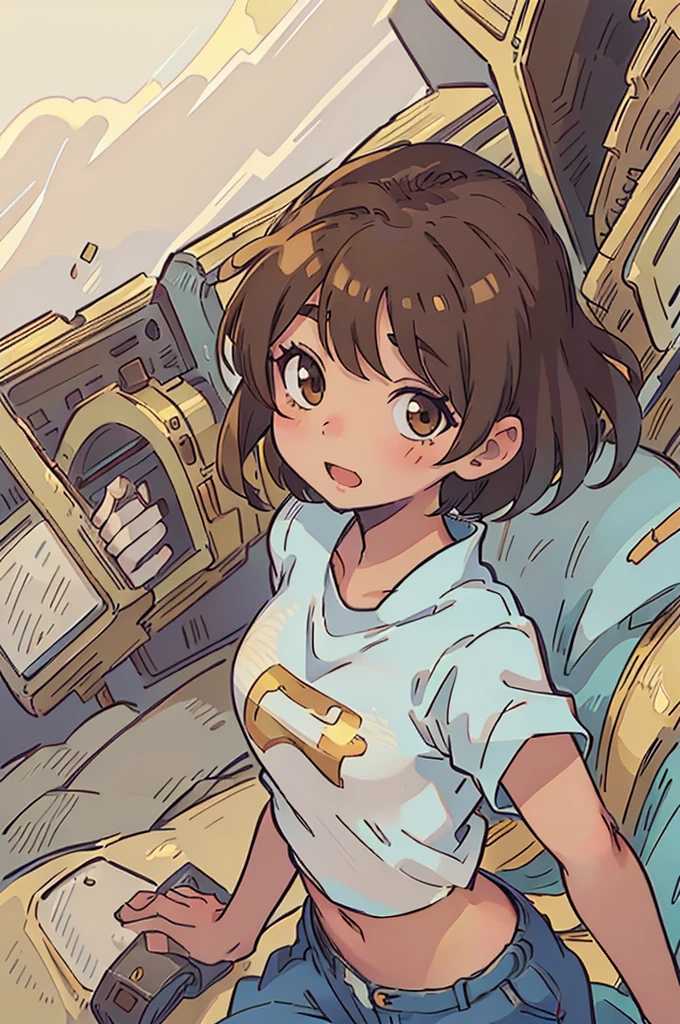 (best-quality:0.8), perfect anime illustration, happy, a young woman tan-skinned, with golden-brown eyes and dark brown hair in a slightly outgrown pixie cut