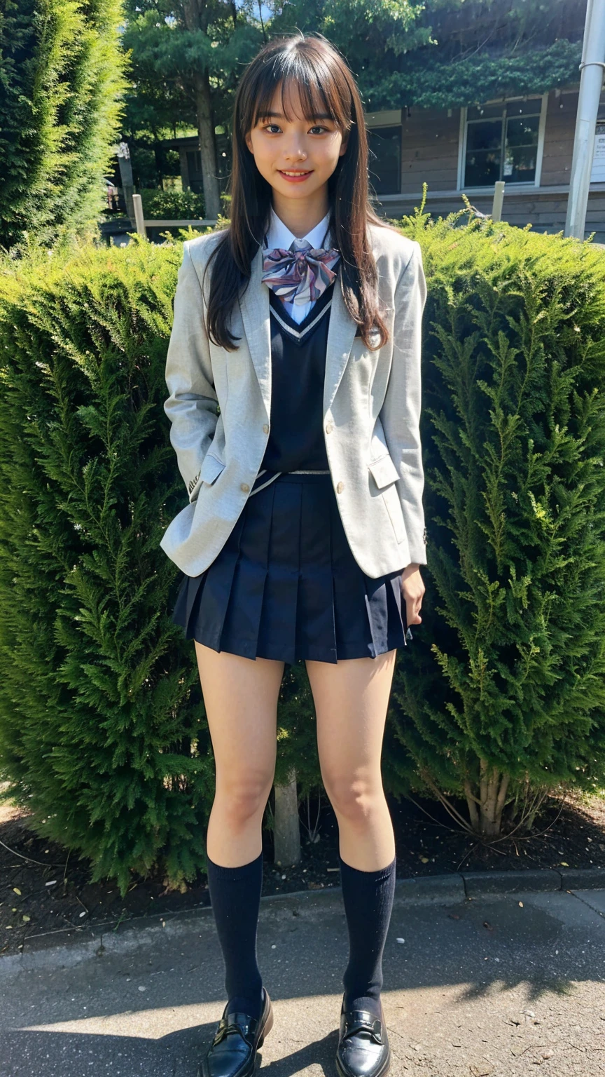 (8K、RAW Photos、Highest quality、masterpiece:1.2)、(Realistic、Realistic)、1 Girl、((blackチェックミニスカート、High school uniform、blazer、Navy Socks、loafers、Medium Hair、black、Thin legs、garden、View from the front、smile、Looking into the camera、Stand with hands on hips))、cute