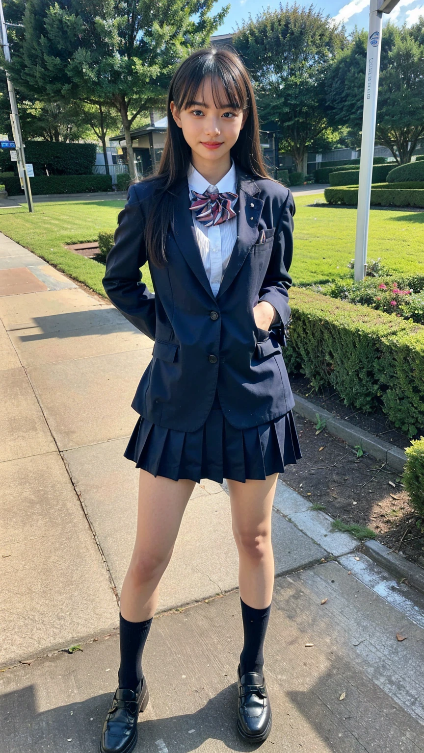 (8K、RAW Photos、Highest quality、masterpiece:1.2)、(Realistic、Realistic)、1 Girl、((blackチェックミニスカート、High school uniform、blazer、Navy Socks、loafers、Medium Hair、black、Thin legs、garden、View from the front、smile、Looking into the camera、Stand with hands on hips))、cute