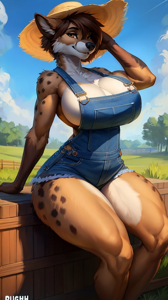 Draft Sketch (nsfw)))), uploaded the e621, beautiful and detailed,woman (((female))) ((anthro)) hyena, Ross Tran, by ruan jia, by zaush, by foxovh, lighting cinematic, seductor, hyena, thighighs, (huge chest) foxovh (curvaceous figure, thick figure, slightly muscular), (curvy body), (curvaceous body), (huge breasts), (huge thighs), (huge butt), (very tall), farmer, straw hat, blue overalls, (smug expression, perfect posture, laid back), farm background, short hair, light brown hair, coyote, brown eyes