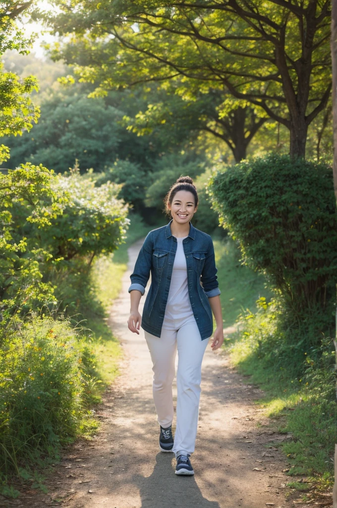 A person walking in nature with a big smile, feeling grateful for the beauty around them.
