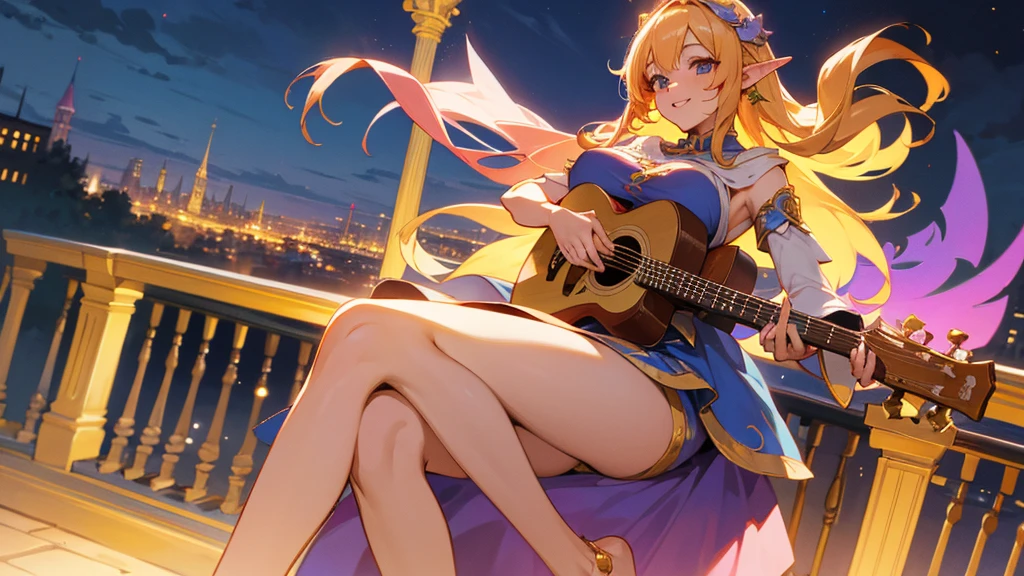 Anime Style,night,Detailed background,Magical World,A lively balcony with many people,Smiling bard beautiful elf girl,guitar,Large Breasts,Healthy thighs,Underarm,Barefoot