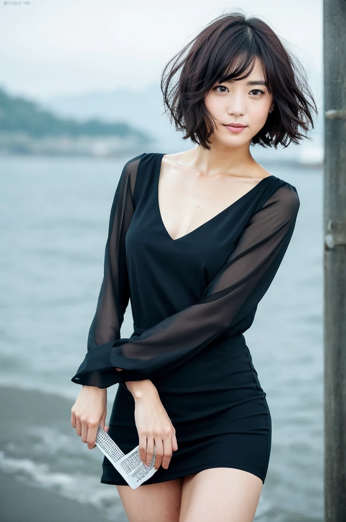 You are a professional photographer。 , short hair blown by the wind. She has a faint smile , Perfect Eyes, Perfect hands, Perfect body, Perfect Hair, Accurate身体, masterpiece, Accurate, Anatomically correct, Rough skin, Very detailed, Advanced Details, high quality, 最high quality, High resolution, 16K, 8K, Looking into the camera,Bold mini dress、Thighs