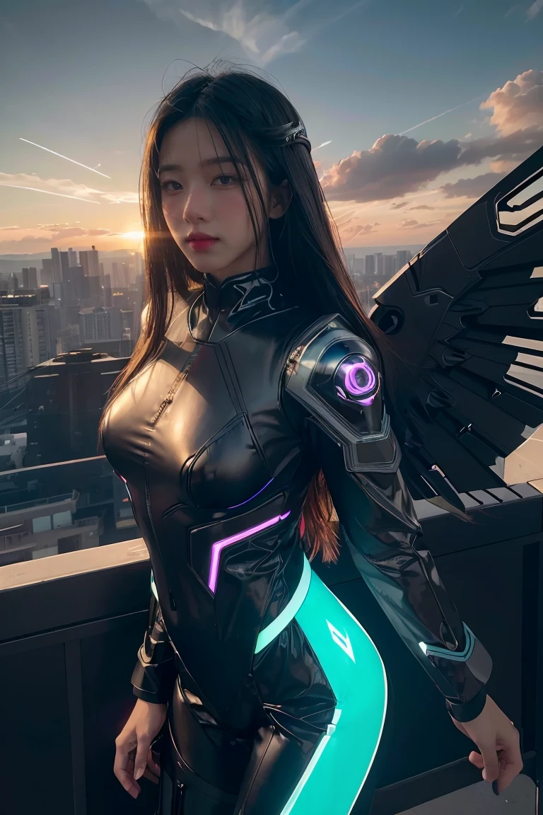 ((masterpiece, best quality, extremely detailed), volumetric lighting, ambient occlusion, colorful, glowing), 
1girl, solo, young girl, (dark hair), long hair, halo, aura, sacred, godness, cyber suit, (black outfit:1.3), android, bot, cybernetic wings,
outdoors, sunset, sky, clouds, space, (cyberpunk theme:1.2),