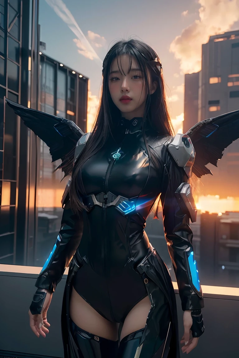 ((masterpiece, best quality, extremely detailed), volumetric lighting, ambient occlusion, colorful, glowing), 
1girl, solo, young girl, (dark hair), long hair, halo, aura, sacred, godness, cyber suit, (black outfit:1.3), android, bot, cybernetic wings,
outdoors, sunset, sky, clouds, space, (cyberpunk theme:1.2),