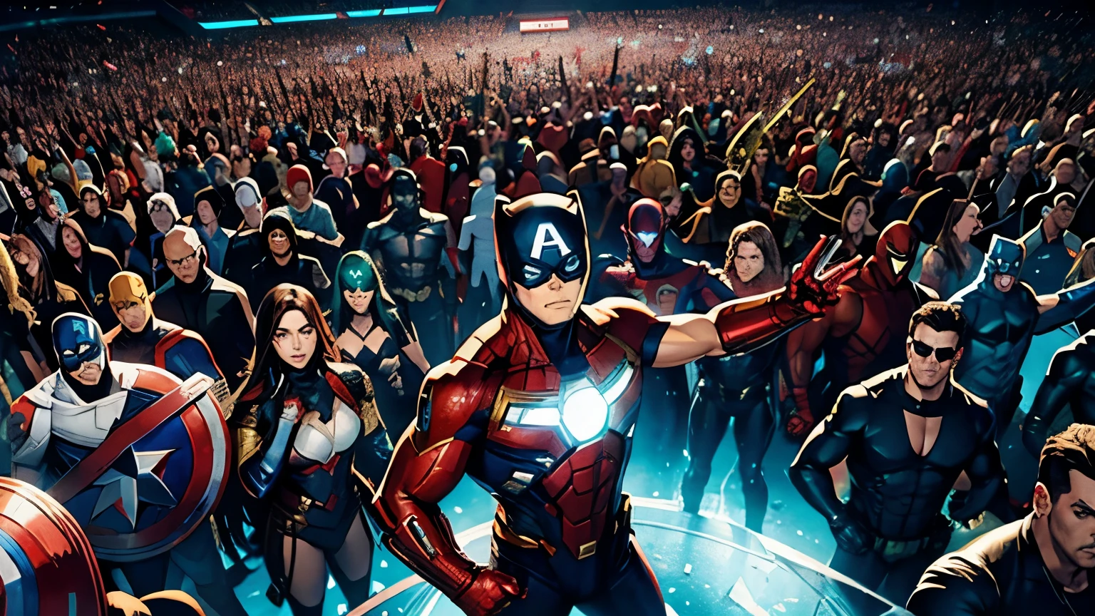 a lot of different people, crowd of super heroes, everyone is screaming, hands up, marvel style, Increased detail, 8K