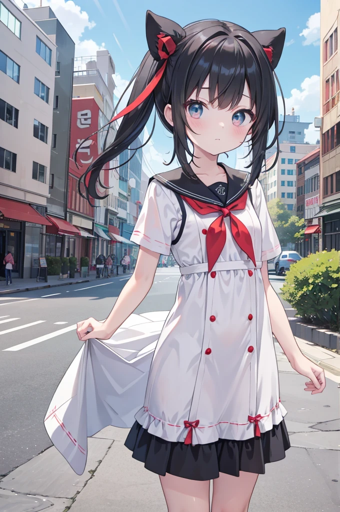 (masterpiece,up to date,Exceptional:1.2), anime,One girl,前hair,black_hair, Beautiful 8k eyes,green_null,bridge,building,city,city,cityscape,cloud,Day,dress,Looking_in_Audience,Outdoor,red_Neckwear,red_ribbon,ribbon,river,short_hair,short_sleeve,null,nullscraper,一人in,Are standing,town,winer((Toddler girl)) ((5 years old))((naked)) ((nsfw)