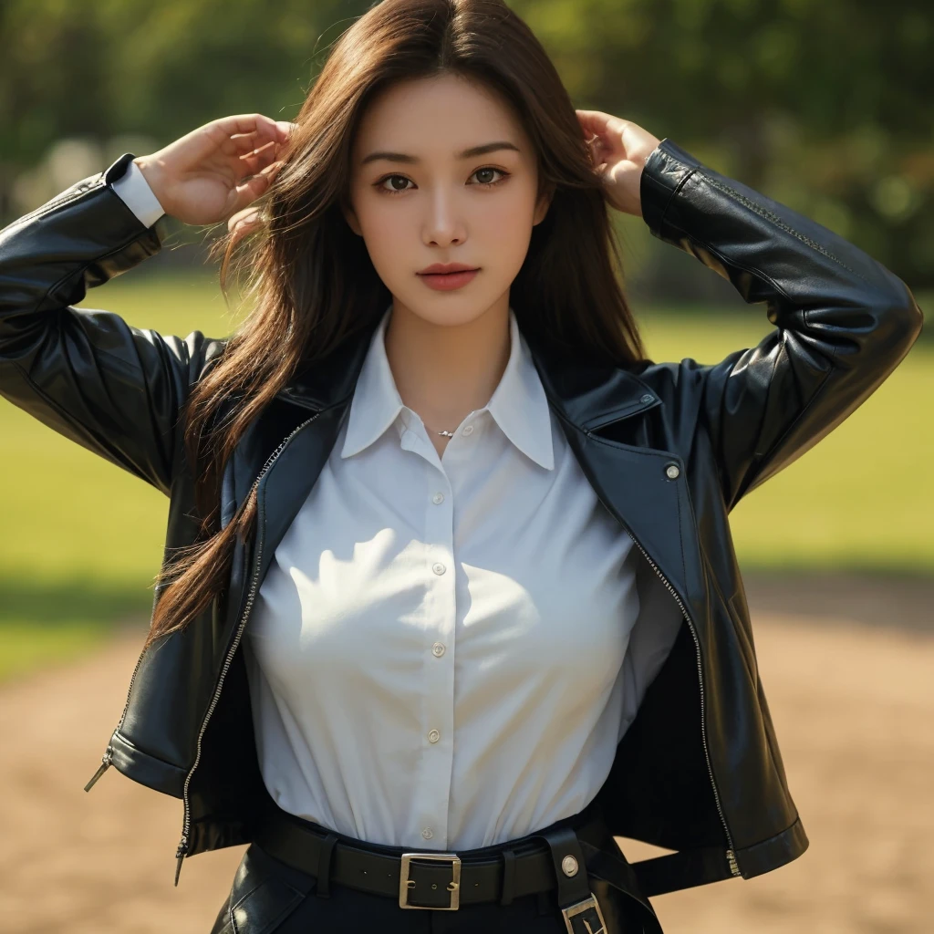 (masterpiece:1.3), (8K, Photorealsitic, Raw photography, top-quality: 1.4), (1girl in), A pretty woman with perfect figure:1.4, cute face, beautiful countenance, (Lifelike face), Beautiful hairstyle, realisticeyes, beautiful detail, (real looking skin), Beautiful skins, enticing, The ultra -The high-definition, A hyper-realistic, ighly detailed, (small tits:1.3), (cleavage of the breast:0.8)、White button-up shirt、a belt、Black leather tight skirt、Like Emily O'Hara Ratajkowski Japan, Semi-long curly hair、bangss、(Brown hair、small tits1.3)、(slim figure))、Kojiri、(small and beatiful model pose、is standing