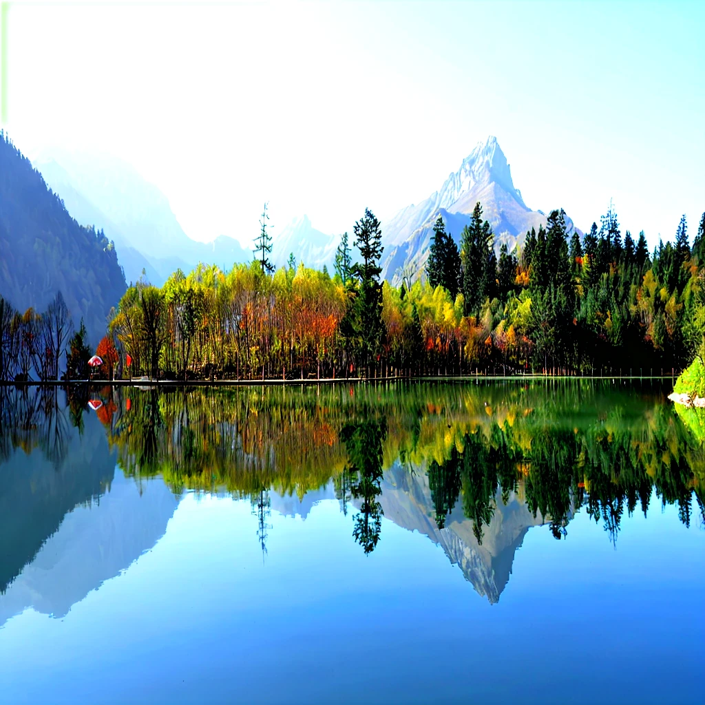There is a lake,A mountain in the background, clear reflection, lake reflection, Detailed scenery —width 672, reflection, mirror lake, Trees reflected on the lake, reflection on the water, Landscape, Still water like a mirror, pretty lake, Landscape photos, image full of reflections, 、Colorful environment, Magnificent natural scenery, many reflections